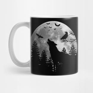 Wild Howling Wolf in the forest with raven eagle and bat Mug